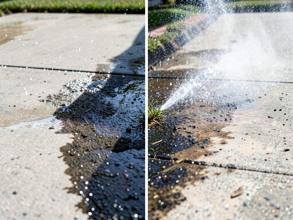Concrete driveway half cleaned by pressure washing, showing the before and after difference